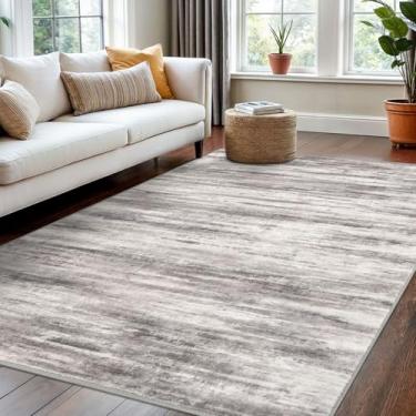 Imagem de KOZYFLY Tapete de área moderno ombré lavável para quarto, antiderrapante, macio, listrado, tapete abstrato cinza e bege para lavanderia, berçário