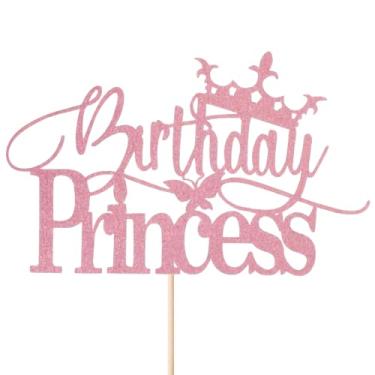 Imagem de Enfeite de bolo de princesa de aniversário com coroa de glitter para meninas, decoração de bolo de aniversário rosa para mulheres, suprimentos de decoração de festa para adultos