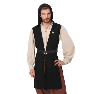 Imagem de Koalswm Sobretudo masculino renascentista com capuz cavaleiro medieval sem mangas com broche e cinto, túnica, tabard holloween Cloak (preto, grande)