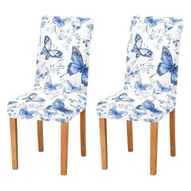 Imagem de Wassud Capas de cadeira elásticas azuis borboletas para jantar capas de cadeira de cozinha laváveis conjunto com 4