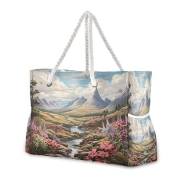 Imagem de Wassud Bolsa de praia linda paisagem grande bolsa de praia para mulheres, impermeável, à prova de areia, bolsa de viagem com zíper e bolso para piscina, academia, acampamento