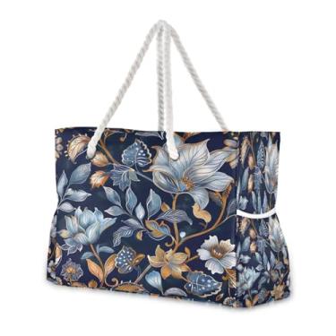 Imagem de Wassud Bolsa de praia elegante floral grande bolsa de praia para mulheres, impermeável, à prova de areia, bolsa de viagem com zíper e bolso para piscina, academia, acampamento