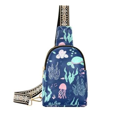 Imagem de CEBUGI Bolsa tiracolo feminina pequena de couro com estampa de tartarugas, bolsa de peito para caminhadas, viagens ao ar livre