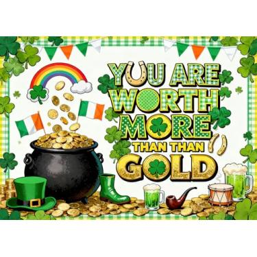 Imagem de DePhoto 1,8 x 1,8 m Happy St. Patrick's Day Pano de fundo You are Worth More Than Gold Rainbow Lucky Clover Shamrock para decoração de festa do Dia de São Patrício em vinil