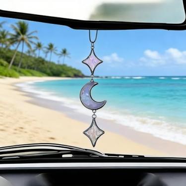Imagem de BYXVSBYS Decoração de carro de lua de vidro manchado, acessórios de espelho retrovisor, presente perfeito para homens, mulheres, almas espirituais e amantes lunares