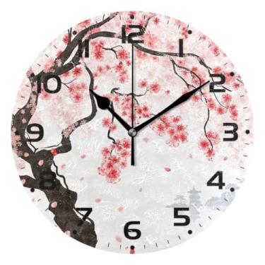 Imagem de JUZIHAI Relógio de parede com flor de cerejeira japonesa, silencioso, redondo, sem tique-taque, operado por bateria, fácil de ler, relógio decorativo de parede para casa, cozinha, sala de estar