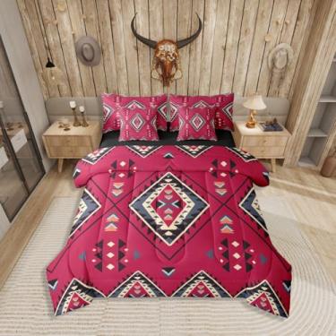 Imagem de Jogo de cama King com 7 peças, geométrico asteca, flecha tribal étnica em uma bolsa, conjunto de cama vintage do sudoeste, inclui edredom, conjunto de lençol, fronhas e fronhas, vermelho, preto e azul