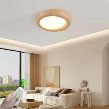 Imagem de Luminária de teto LED redonda de madeira com intensidade regulável, controle remoto, 48W, temperatura de cor de 3000K a 6500K, com função de luz noturna, ideal para sala de estar, quarto e s