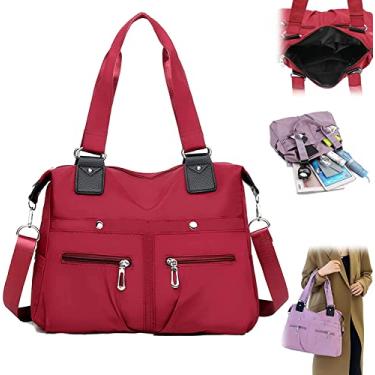 Imagem de Bolsa feminina com vários bolsos, bolsa de ombro de náilon à prova d'água de grande capacidade, bolsa transversal leve, bolsa de mão de náilon para mulheres (Color : Red)