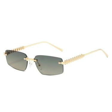 Imagem de HCHES Óculos de Sol Femininos de Luxo Sem Armação com Lentes Degradê, Estilo Retrô, com Rebites, Casuais e Proteção UV400 (Verde Dourado)