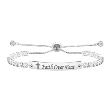 Imagem de OIDEA Pulseiras de tênis para mulheres: Faith Over Fear Presentes Inspiradores para Mulheres 3 mm Slim Retangular Zircônia Aço Inoxidável Ajustável Slider Correntes Pulseiras Joias Presentes, one size