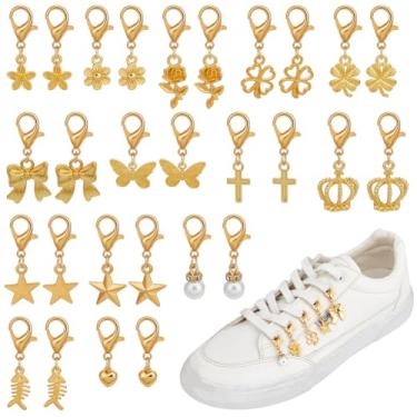 Imagem de PH PandaHall 28 peças pingentes com clipe em liga metálica para decoração de sapatos, 14 estilos de estrela dourada laço cruzado pingentes de renda com fecho lagosta para tênis, sapatos de lona, botas