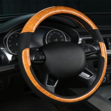 Imagem de Knonip Capa de volante automotivo de couro de grão de madeira, antiderrapante, inodoro, quatro estações, protetor de roda de carro universal de 38 cm (grão de madeira amarelo)