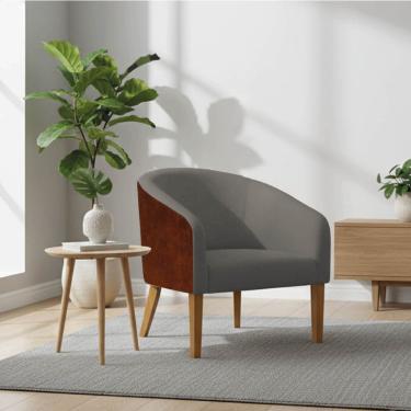 Imagem de Poltrona Sala Stella Pé Madeira Trapézio Sintético PU Nozes Linho Grafite D03 - D'Rossi