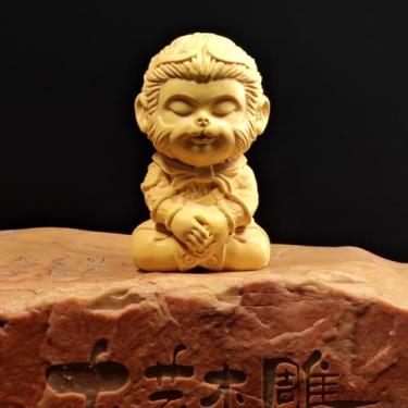 Imagem de FENNYYAR Escultura de escultura em madeira Boxwood Sun Wukong, 8 cm, estatueta feita à mão, estátua de decoração de mesa para casa