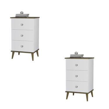 Imagem de Conjunto 2 Mesa De Cabeceira Ravi 3 Gavetas Pés De Madeira Branco/amendoa Branco/amendoa