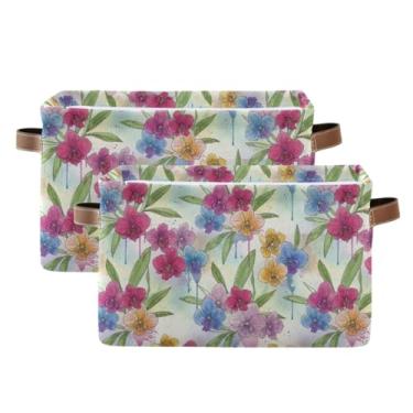 Imagem de Cesta de armazenamento de 36 cm com alças – Bolsa de armazenamento de roupas dobrável de lona para escritório em casa, quarto, flor de orquídea vintage, pacote com 2