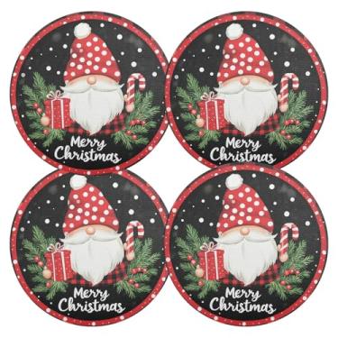 Imagem de Jogo americano xadrez de Natal Gnomo 38 cm circular, jogo americano de PVC, conjunto com 4, tapetes laváveis para mesa de cozinha