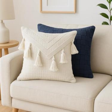 Imagem de Kit 2 Capas de Almofadas Decorativas Artesanais Boho com Pompom, 100% Algodão, Cru, 45x45cm, Zíper Invisível