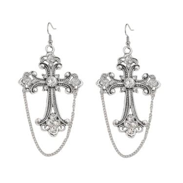 Imagem de Brincos góticos de cruz grossa de cristal punk longo prata borla preta brincos pendentes grandes joias de orelha para mulheres, one size, Metal, Sem pedra preciosa