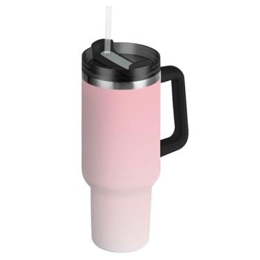 Imagem de Joisal Copos de aço inoxidável com tampa e canudos, rosa e branco, gradiente, caneca de café quente para carros, copo térmico de 850 g com alça, garrafas de água isoladas