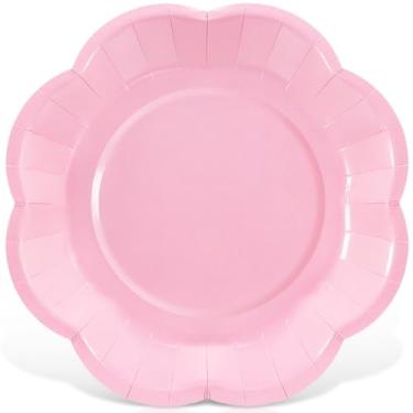 Imagem de Gudvilla Pratos rosa claro, suprimentos de festa, pratos de papel rosa de 23 cm, descartáveis, recortados, para aniversário, bolo, chá de bebê, jantar, casamento, sobremesa, festa