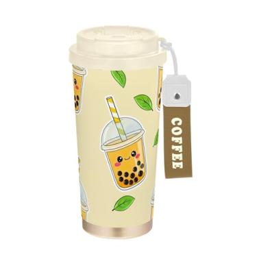 Imagem de TSENQUE Copo de café de viagem de 473 ml com canudo e tampa de filme, copo de café de viagem de aço inoxidável à prova de vazamento para escritório, escola, festa, acampamento, chá, bolha, amarelo