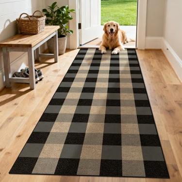 Imagem de JROSING Tapete de juta lavável quadriculado fácil 5 x 15 cm, xadrez preto e cinza, boho, para uso externo, interior, pátio, tapete, tecido, antiderrapante, fino, neutro, longo, para corredor, cozinha