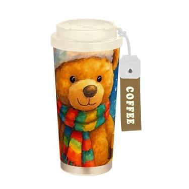 Imagem de TSENQUE Caneca de café de viagem de 473 ml, copo de café com revestimento cerâmico com tampa e canudo, copo isolado a vácuo de aço inoxidável, urso de Natal colorido