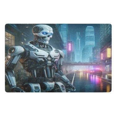 Imagem de Joisal Esqueleto Robot Future City Capacho de entrada externa caçador de sujeira tapetes engraçados de boas-vindas para porta da frente 81 x 50 cm tapetes de chão