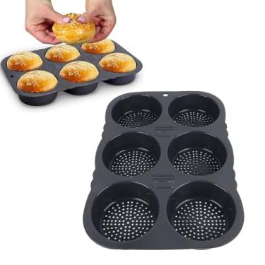 Imagem de Pissente Molde de Pão de Hambúrguer de 6 Cavidades, Molde de Cozimento de Silicone Reutilizável Dobrável Com Cavidade Oca para Fluxo de Ar para Cozinha de Micro-ondas de Forno Congelador