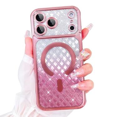 Imagem de Bonoma Capa com glitter para iPhone 17 Pro [compatível com MagSafe], capa brilhante com estampa quadriculada magnética, proteção para câmera, capa traseira macia e brilhante para mulheres e meninas