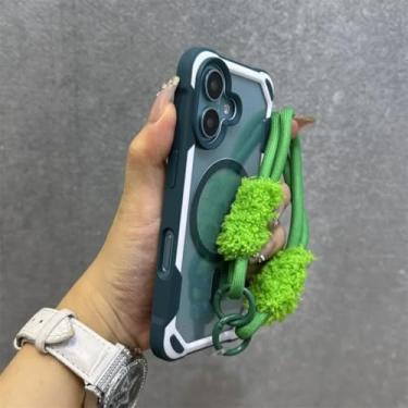 Imagem de HJZSZX Capa protetora magnética transparente com cordão de pelúcia para iPhone 16 (verde)