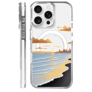 Imagem de casesok Capa para iPhone 16 Pro compatível com Magsafe, design estético claro bonito para meninas e mulheres, capa rígida protetora antiqueda para iPhone 16 Pro-Seaside Sunset Landscape Anime