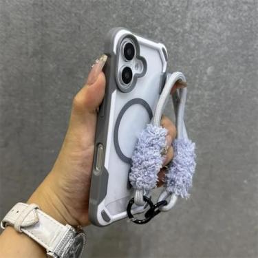 Imagem de HJZSZX Capa protetora magnética transparente com cordão de pelúcia para iPhone 16 Pro (para iPhone 16 Pro/cinza)
