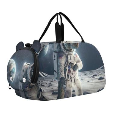 Imagem de Bolsa de viagem azul para meninas com bola de tênis, bolsa de viagem para o fim de semana, academia, bolsa de mão para meninos, Dinossauro astronauta engraçado, Clássico