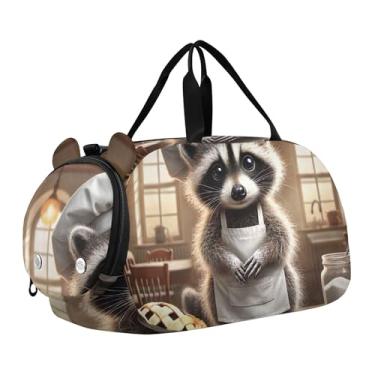 Imagem de Bolsa esportiva de viagem para meninos, fim de semana, bolsa de viagem para meninas, bolsa de viagem para dança, romântica, gato Titanic Love, Vintage Raccoon Bakery Chef, Clássico