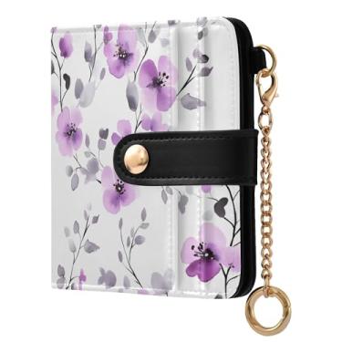 Imagem de SEHANY Carteira feminina elegante com flores roxas com bloqueio de RFID, compacto, porta-cartão de crédito de couro PU, dobrável para moedas, carteiras para mulheres e adolescentes