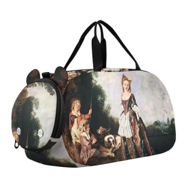 Imagem de Bolsa esportiva Hubert Robert para meninas com pintura de paisagem para viagem durante a noite com compartimento para sapatos, bolsa esportiva para meninos, Pintura Jean-Antoine Watteau, Clássico
