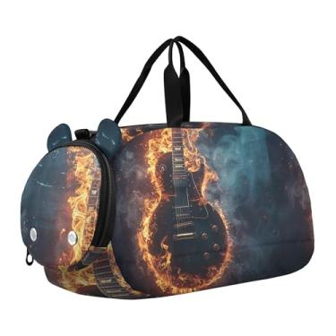 Imagem de Bolsa esportiva para meninos Highland Cow Pink Glasses Overnight Weekender Bolsa de viagem para meninas, violão fire water, Clássico