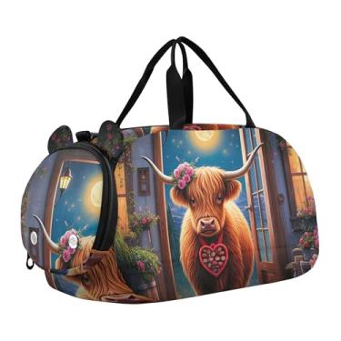 Imagem de Bolsa esportiva para meninos, bolsas noturnas, para viagens, crianças, bolsa esportiva, papagaio, floresta tropical, Linda noite de lua de vaca Highland, Clássico