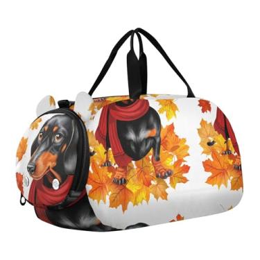 Imagem de Sacola de viagem com ursinho de pelúcia abraçando boneco de neve, bolsa de viagem infantil, bolsa esportiva para meninos, Folhas de outono para cães Dachshund, Clássico