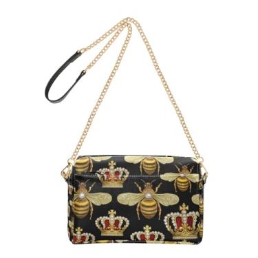 Imagem de Joitme Golden Bees Royal Crowns Bolsa feminina preta bolsa tiracolo de couro PU bolsa de ombro alça de corrente bolsa para telefone fofa
