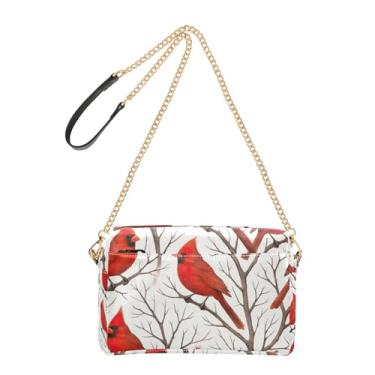 Imagem de Joitme Bolsa feminina transversal para celular linda bolsa de ombro de couro PU alça de corrente vermelha pássaros de Natal ramos sem folhas