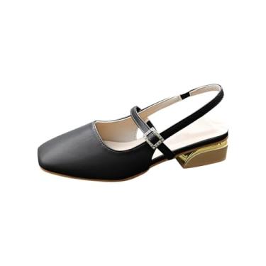 Imagem de Sandálias femininas fashion casual primavera e verão estilo confortável cor sólida bico quadrado fechado fivela de uma linha atrás salto quadrado oco salto baixo grosso, Preto, 35