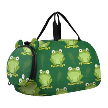 Imagem de Sacola de viagem com glitter rosa vibrante para meninas, bolsas de viagem para fim de semana, bolsa esportiva infantil para meninos, Sorriso verde de sapos de desenho fofo, Clássico