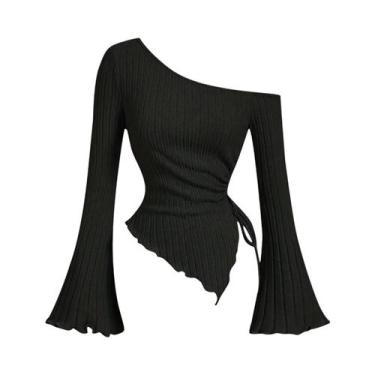 Imagem de Camiseta Casual Feminina De Manga Longa Com Um Ombro, Estilo Europeu-A