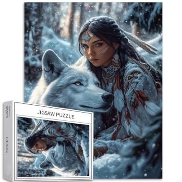 Imagem de Quebra-cabeça de menina tribal e lobo branco, 1000 peças para adultos, arte de fundo de floresta nevada, quebra-cabeça colorido DIY para decoração de casa, presentes para família, quebra-cabeça