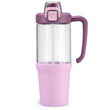Imagem de HYDRAGLAZIC Copo de vidro de 946 ml com alça, canudo 2 em 1 e bico de gole, à prova de vazamento, garrafa de água de vidro sem BPA para esportes, escritório, escola, lilás