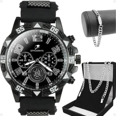 Imagem de Kit Acessórios Masculinos Relógio Analógico Preto Aço Inox Pulseira Si